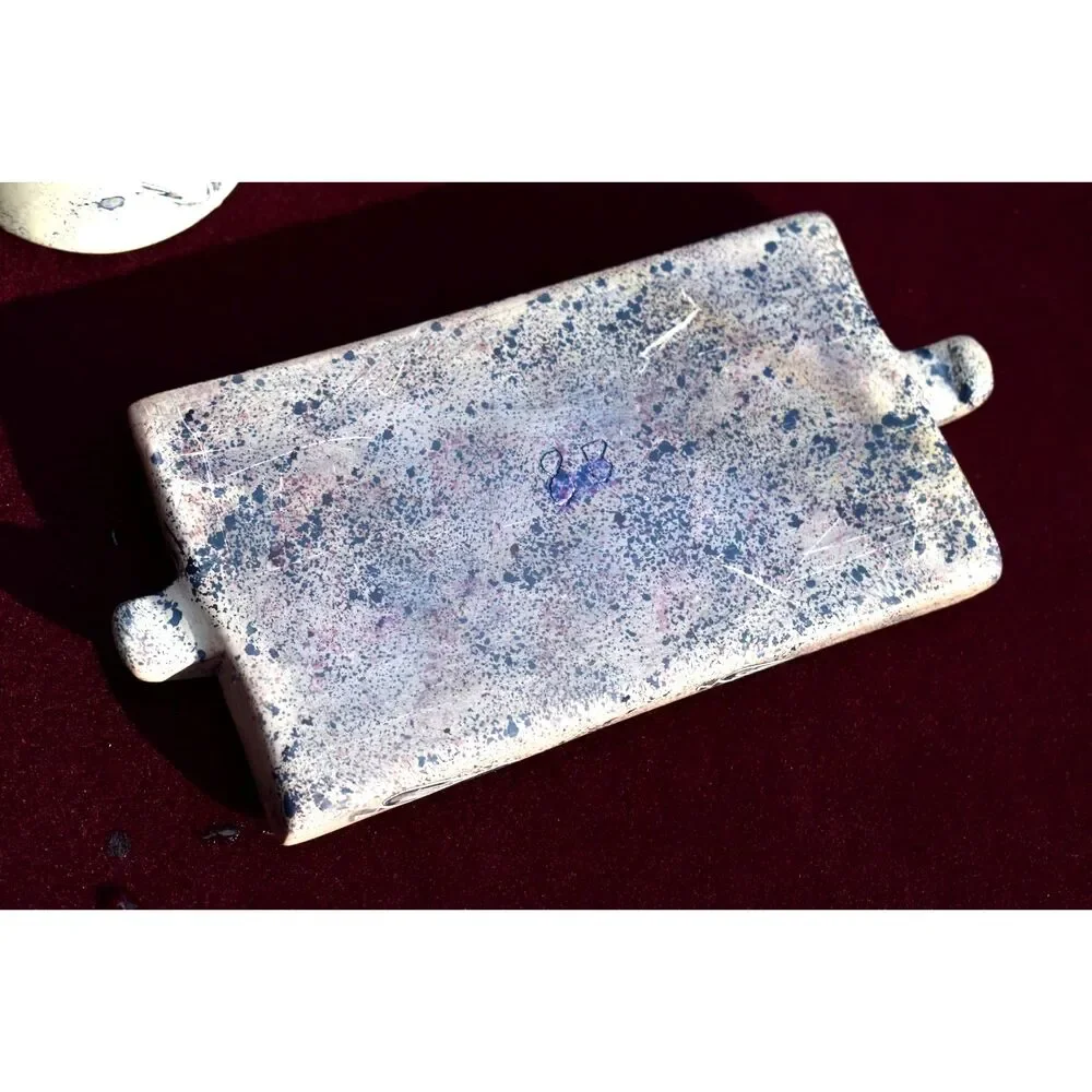 Artisan Stoneware Cream Sugar Tray Set 3 Piece Blue Speckled Wheat Design